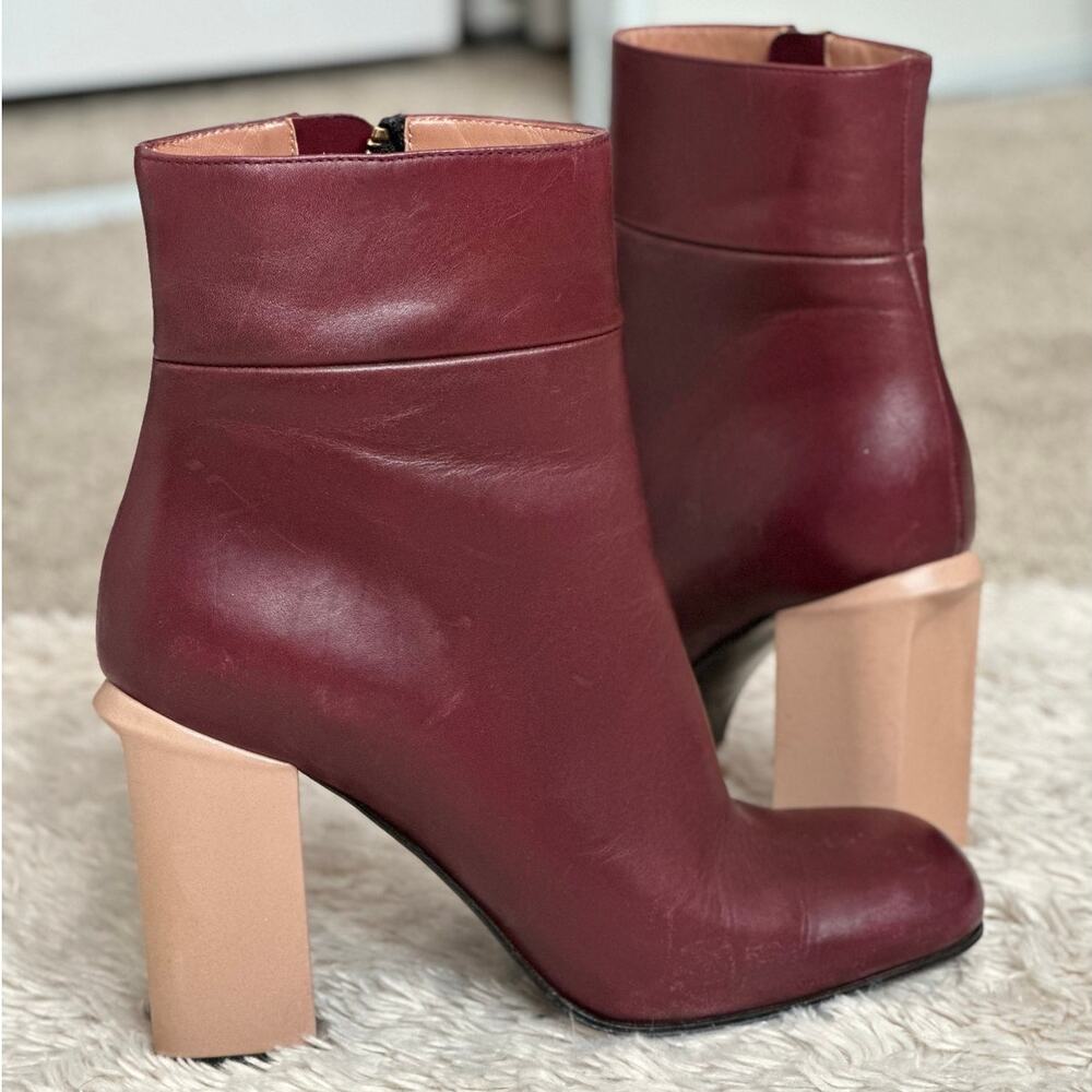 Marni Sz 7 Womens Ankle Leather Boots Block Heel Square Toe Maroon Red Nude